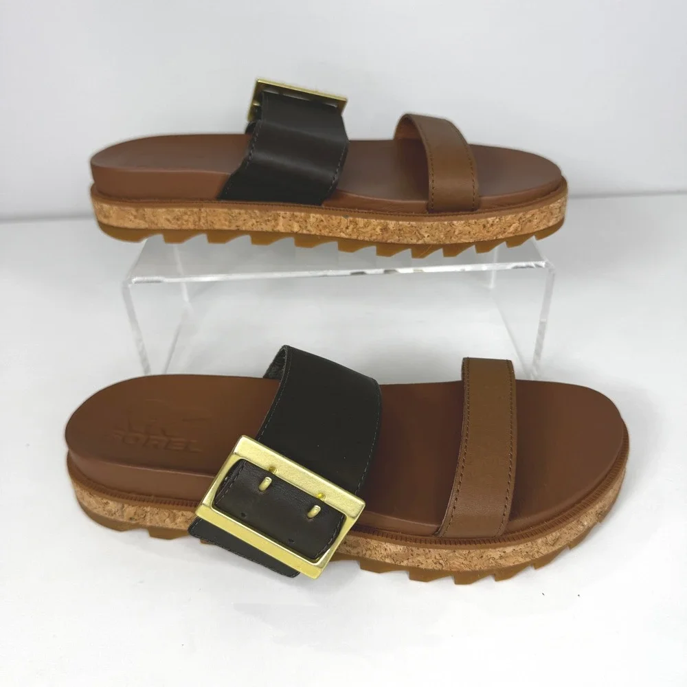 SOREL Roaming Buckle Slide Sandals Women 7.5 Velvet Tan Black Leather Minimalist